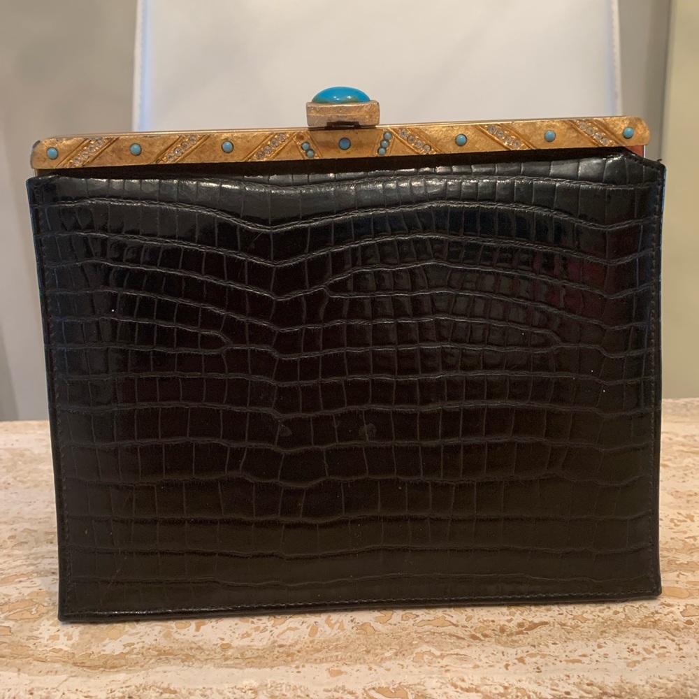 Vintage Black Crocodile Embossed Clutch with Gold Accents